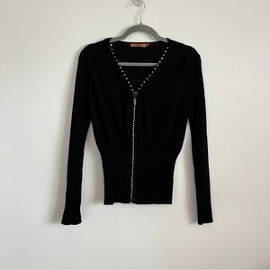 Bellini Y2K Black Ribbed Zip Front Cardigan Sweater Rhinestone Trim Size M